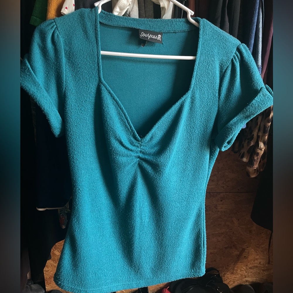 Sourpuss teal sweetheart sweater